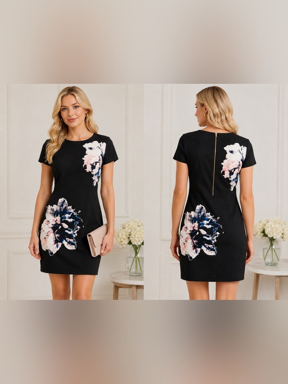 Vince Camuto Black Mini Dress with Pink & Navy Floral Print
